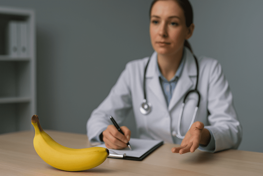 A ripe banana with subtle brown spots sits prominently on a wooden table in a clinical consultation room, its vibrant yellow hue contrasting with the cool, minimalist surroundings. In the background, a female nutritionist in a white lab coat gestures while holding a pen over a clipboard, reinforcing the theme of expert-backed guidance on using bananas for healthy weight loss in a professional setting.