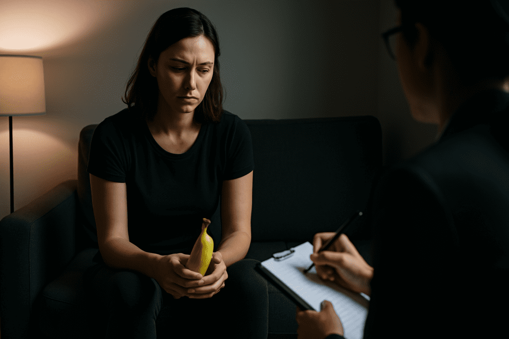 A light-skinned woman in her early 30s sits on a dark gray sofa in a softly lit therapy room, holding a ripe yellow banana in both hands with a contemplative, serious expression. The warm, directional lighting and blurred background emphasize the emotional depth of the moment, visually connecting the act of therapy with the theme of using bananas for mindful eating and healthy weight loss.