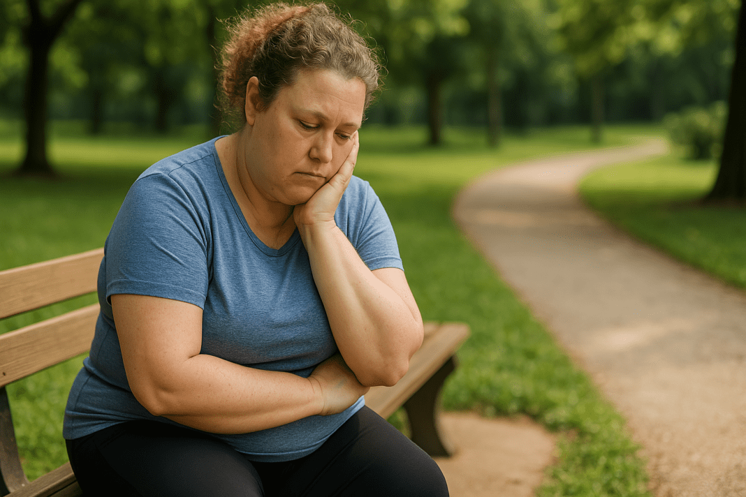 A middle-aged woman with curly light brown hair sits alone on a wooden bench in a sun-dappled park, gazing downward with a thoughtful expression. Dressed in a blue T-shirt and black leggings, she is surrounded by soft greenery and a gravel path, creating a quiet, reflective outdoor setting that visually supports the theme of losing weight with diabetes through mindful lifestyle changes.