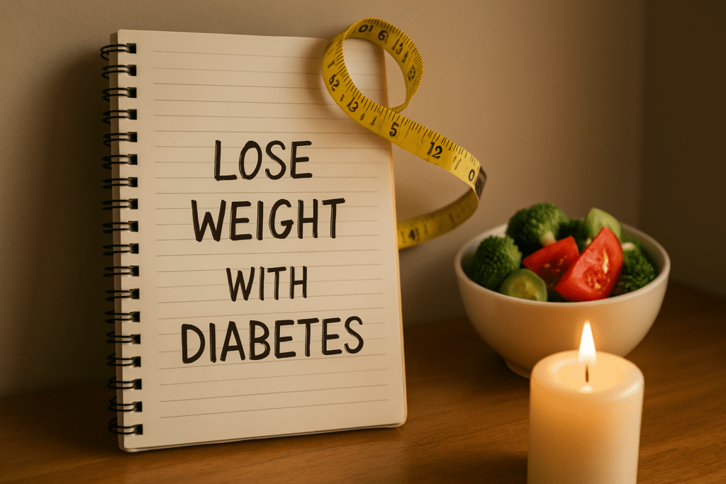 An open spiral-bound notebook with the handwritten message “LOSE WEIGHT WITH DIABETES” sits on a clean wooden table beside a yellow measuring tape, a small bowl of fresh vegetables, and a softly glowing candle. Natural morning light illuminates the setup, symbolizing healthy planning and diet strategies for managing type 2 diabetes.
