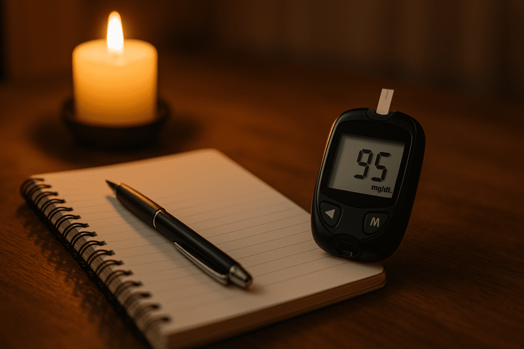A glucose meter, pen, and open journal rest on a wooden surface lit by warm candlelight in a dimly lit nighttime interior. The soft focus and quiet ambiance evoke the emotional side of weight management with diabetes, emphasizing late-night reflection and commitment to long-term health.
