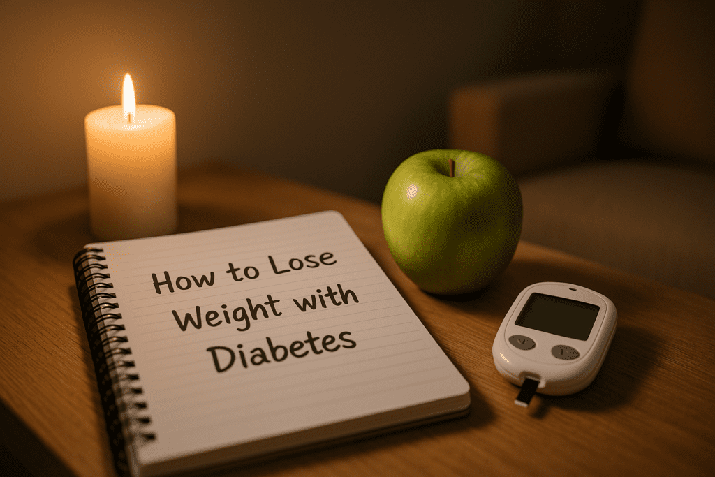 A dimly lit tabletop displays a green apple, an open journal reading “How to Lose Weight with Diabetes,” and a glucose meter, with a flickering pillar candle casting a warm glow across the scene. A soft beige armchair in the background reinforces the home-based, personal journey of managing diabetes through diet and lifestyle.