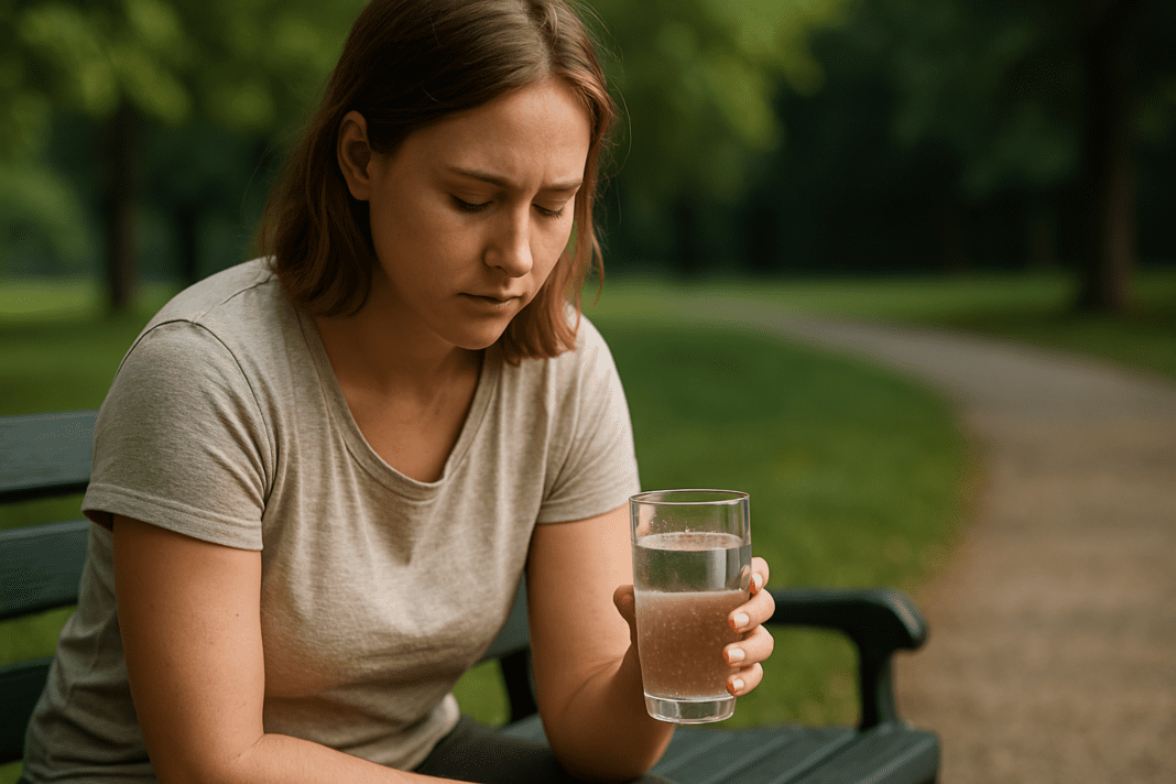 A young woman sits quietly on a bench in a green park, holding a clear glass of water while surrounded by soft morning sunlight and blurred trees — capturing a contemplative moment tied to expert-recommended hydration for healthy weight loss.