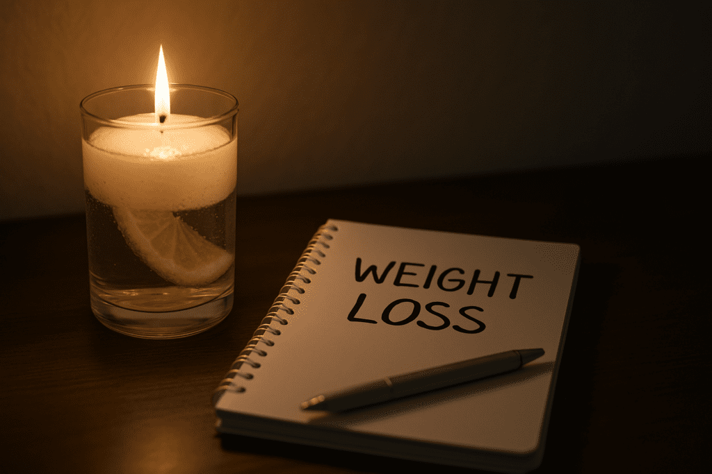 A softly lit tabletop scene with a glowing white candle beside a lemon-infused glass of water and a notebook labeled for weight-loss planning — symbolizing mindful choices and diet beverage strategies backed by nutrition science.