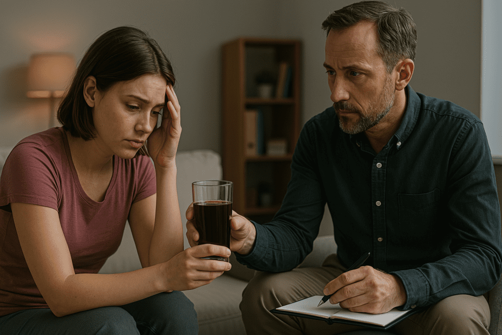 In a warmly lit therapy room, a therapist offers a beverage to a young woman during a reflective session, visually tying emotional support and healthy drink choices into weight-loss strategies approved by experts.