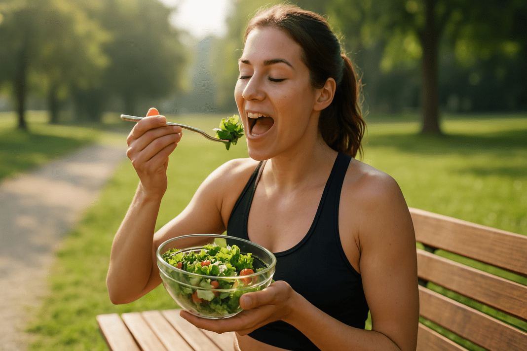 A young woman with an athletic build enjoys a fresh salad on a wooden bench in the sun, holding a glass bowl with one hand and a forkful of greens in the other. The natural morning light softly illuminates her face and the lush park backdrop, evoking a sense of calm and health-conscious living.