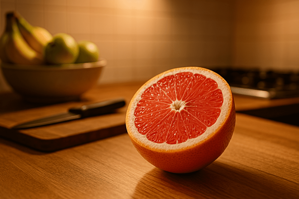 A vibrant halved grapefruit sits on a warm wooden countertop, its juicy red flesh illuminated by soft ambient lighting. A sleek cutting board and stainless steel knife are subtly featured in the background, alongside a bowl of bananas and apples, creating a fresh, inviting atmosphere for a healthy diet.