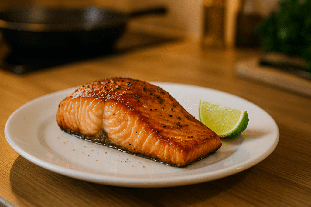 A golden-brown, crispy grilled salmon fillet rests on a white ceramic plate atop a warm wooden counter. The plate is garnished with a lime wedge, and the cozy kitchen environment with fresh herbs and a frying pan in the background highlights the meal's nutritional value and wholesome appeal.