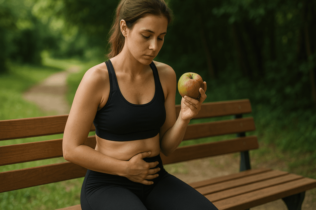 A young woman with a toned, athletic physique sits on a wooden park bench during the day, holding a shiny, red-and-green apple in her right hand. Dressed in a black sports bra and high-waisted leggings, she gazes down at the apple with a thoughtful expression while surrounded by vibrant greenery and soft, dappled sunlight filtering through the trees. The image captures a peaceful moment of contemplation in a natural, serene setting, reinforcing the theme of health and weight loss through fruits.