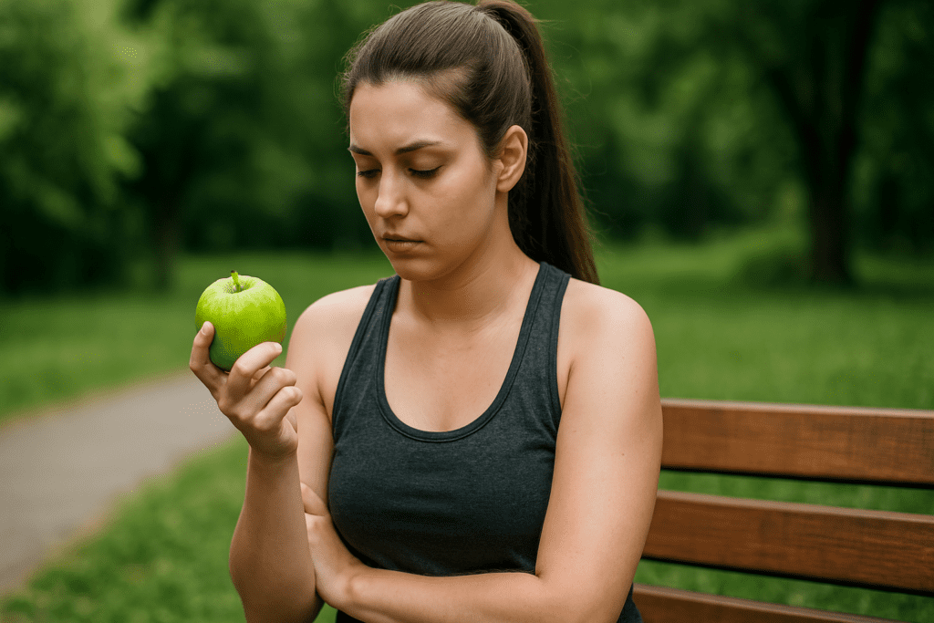 In this daytime photo, a young woman with fair skin sits on a wooden bench, holding a green apple in her right hand. She appears deep in thought, her body slightly hunched, and gazes down at the apple, while the lush green park surrounds her, with soft, natural lighting and a blurred background focusing on the serene moment. This image emphasizes the connection between fruits like apples and their role in aiding weight loss and boosting metabolism in a tranquil outdoor environment.