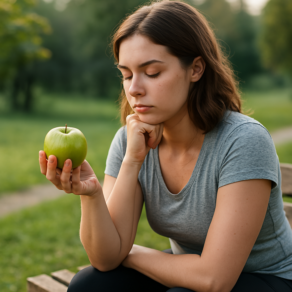 A thoughtful young woman with chestnut-brown hair sits on a weathered park bench in the late afternoon, holding a glossy green apple in her right hand. Bathed in soft sunlight, she gazes down at the apple, her serene expression contrasted by the blurred greenery and winding gravel path behind her, all captured in a perfectly balanced shot with natural earthy tones. The setting highlights the connection between healthy eating and a peaceful, reflective moment.