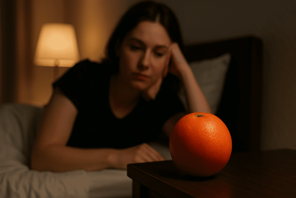 A vibrant red grapefruit rests on a dark wooden nightstand beneath dim, warm lighting. In the blurred background, a woman gazes thoughtfully at the fruit while reclining on a bed, bathed in the soft glow from a nearby lamp—creating a peaceful, intimate atmosphere defined by the warm tones and subtle depth of focus. This scene visually reinforces the theme of fruits aiding weight loss, offering a moment of calm reflection while highlighting the health benefits of fresh fruit.