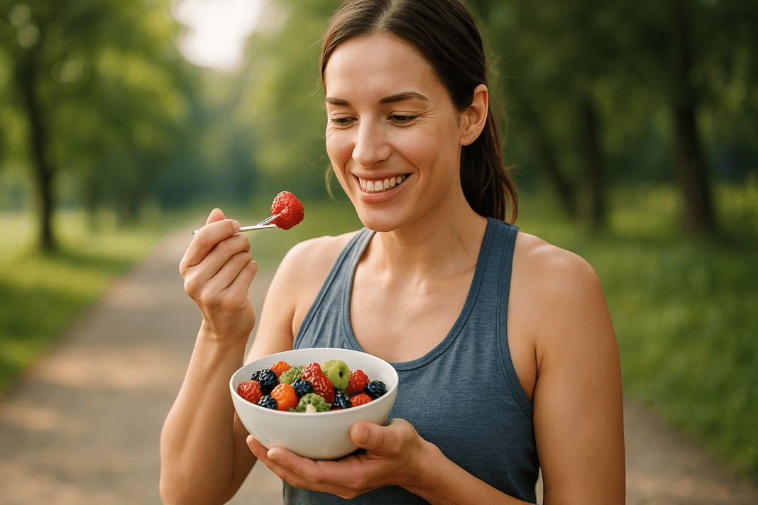 A young woman enjoys a bowl of fresh fruit in a vibrant outdoor park setting. The natural morning light creates a soft, welcoming atmosphere as she holds a silver fork, smiling while gazing at the colorful mix of berries and slices. The scene is bright and serene with a blurred backdrop of trees and playful sunlight filtering through, embodying the theme of healthy snacks for weight loss and fullness.