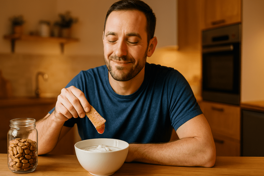 In a cozy kitchen setting, a man in his early 30s indulges in a whole-grain cracker dipped in creamy yogurt, sitting at a rustic wooden counter. The warm indoor ambient lighting casts a gentle glow on the scene, with almonds neatly placed nearby. The relaxed and inviting atmosphere highlights this simple yet nutritious snack, promoting the idea of healthy, satisfying choices for weight loss and longer satiety.