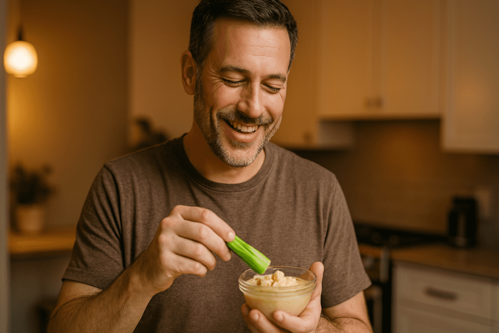 A middle-aged man enjoys celery sticks and hummus in a modern kitchen, his relaxed posture and focused expression enhanced by warm natural lighting. The soft glow highlights the earthy tones of the kitchen and the fresh snack, making it clear that nutrient-dense, satisfying foods can play a key role in supporting weight loss and maintaining fullness throughout the day.