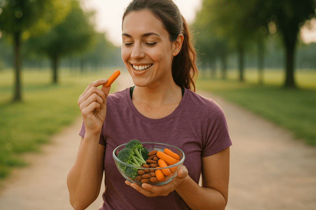 A young woman in a relaxed park setting, enjoying healthy snacks like broccoli, almonds, and baby carrots, bathed in soft, golden sunlight. The background features a blurred pathway surrounded by greenery, contributing to a peaceful atmosphere. The scene highlights the enjoyment of fresh, nutritious food in a calm outdoor environment.
