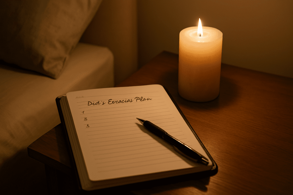 An open journal sits on a wooden bedside table, its cream pages inviting thoughtful planning. A lit candle casts a warm, soothing glow beside it, while a black pen rests diagonally, suggesting a personal approach to creating a sustainable weight loss plan for women over 50.