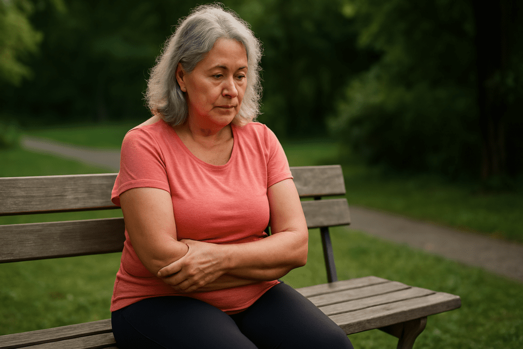 A middle-aged woman with silver, wavy hair sits on a weathered wooden park bench, deep in thought as she gazes downward. Dressed in a loose coral T-shirt and black athletic pants, she rests her right hand on her left arm. Surrounded by dense greenery, soft sunlight filters through the trees, casting gentle shadows across her face, evoking a reflective, peaceful mood. This scene emphasizes the theme of finding balance and reflection in a weight loss journey for women over 50.