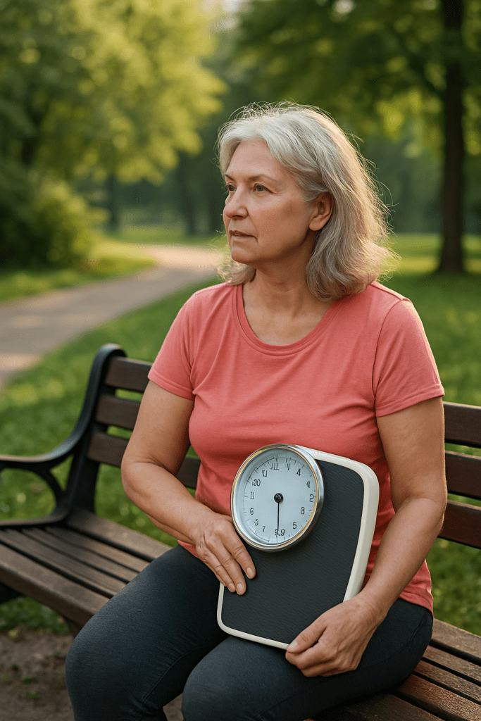 A woman in her fifties sits on a park bench, bathed in soft morning sunlight, holding a white bathroom scale. She gazes thoughtfully to her right, surrounded by lush greenery, with a sense of calm and introspection, reflecting on weight loss plans for women over 50. The warm lighting and tranquil setting emphasize a journey of sustainable health and wellness.