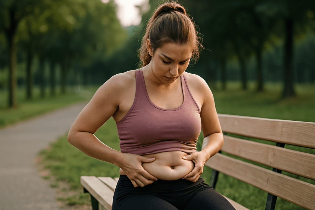 In a serene outdoor park during early morning, a woman in her late twenties sits on a wooden bench, gently pressing her hands against her stomach while reflecting on her journey to lose belly fat. Dressed in a dusty rose athletic tank top and black leggings, she is surrounded by lush greenery, with soft sunlight casting a warm glow, reinforcing the theme of mindful fitness and well-being.
