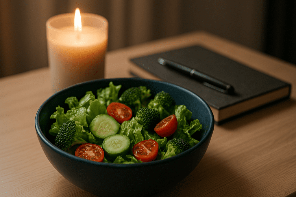 A close-up shot of a navy blue ceramic bowl filled with a fresh salad, including lettuce, cucumber, cherry tomatoes, and broccoli, placed on a light wooden desk. The setting is cozy, with a flickering candle and a nearby journal, suggesting a calm atmosphere for healthy eating and mindful weight management.