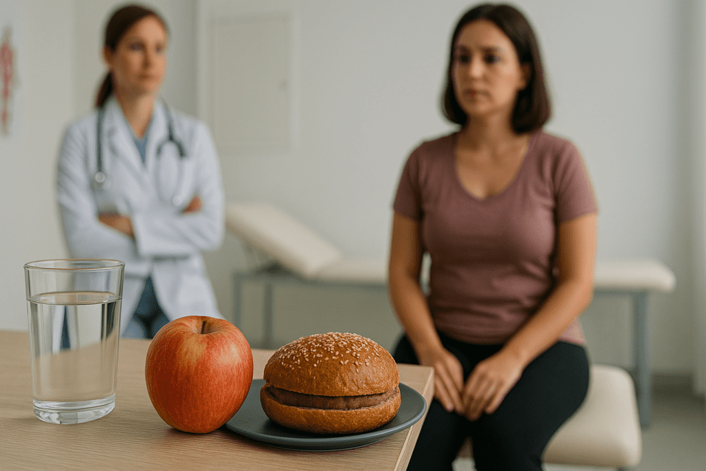 In a clinical setting, a wholesome meal consisting of a sesame-seed topped whole wheat bun, an apple, and a glass of water rests on a light wood desk. In the background, a woman in a mauve shirt sits on an examination table while a doctor in a white lab coat stands nearby. The scene, bathed in soft daylight, emphasizes the connection between nutrition, expert guidance, and healthy weight loss.