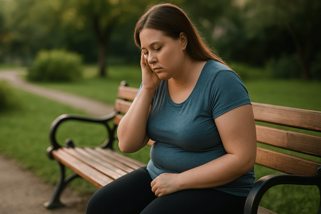 A young woman with light brown hair sits on a wooden bench in a serene park, reflecting thoughtfully in the warm afternoon sunlight. The lush greenery and soft dappled shadows around her enhance the peaceful mood, perfectly capturing a moment of personal reflection on her weight loss journey.