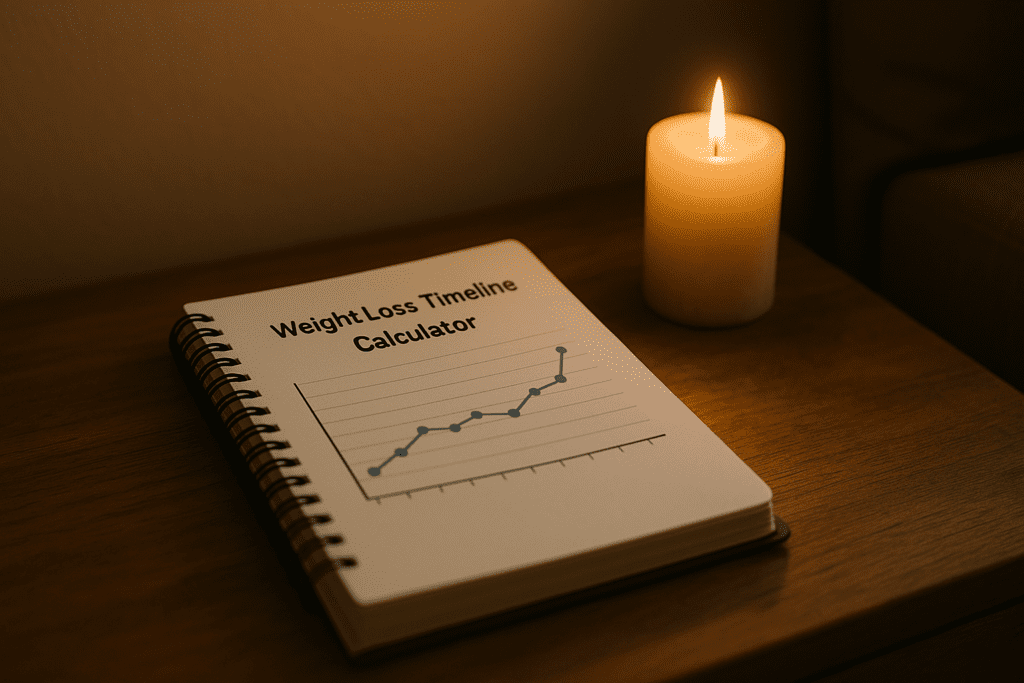 An open spiral notebook rests on a wooden table, illuminated by the soft glow of a beige pillar candle. The notebook displays a "Weight Loss Timeline Calculator" graph, its clean lines and simple design highlighted by the warm candlelight, creating a cozy atmosphere that reflects a focused approach to tracking progress.