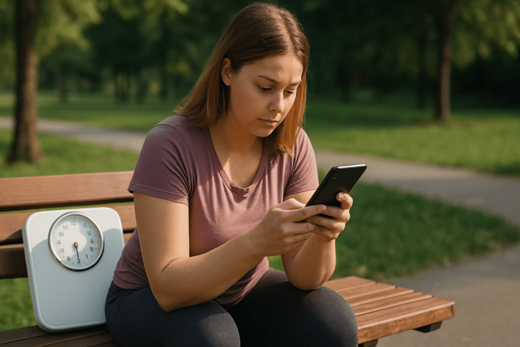 A young woman with light brown hair, dressed in a mauve athletic shirt and dark leggings, sits on a wooden bench in a sunlit park, absorbed in her black smartphone. The softly blurred park backdrop features lush greenery and a path gently curving away, while a white analog scale rests beside her, its red needle slightly below zero. The scene emphasizes a moment of quiet reflection, ideal for tracking weight loss progress outdoors.