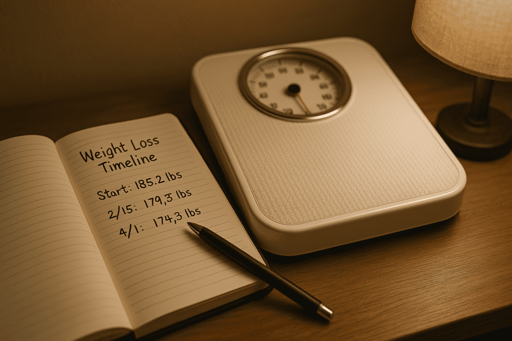 A softly lit scene showcases a notebook and an analog bathroom scale on a wooden surface, illuminated by a warm glow from a table lamp. The open notebook displays a weight loss timeline with entries such as "Start: 185.2 lbs" and "2/15: 179.8 lbs," lying next to a white scale with a red-tipped needle. A matte black pen rests diagonally on the page, suggesting a calm, organized approach to monitoring weight loss goals.