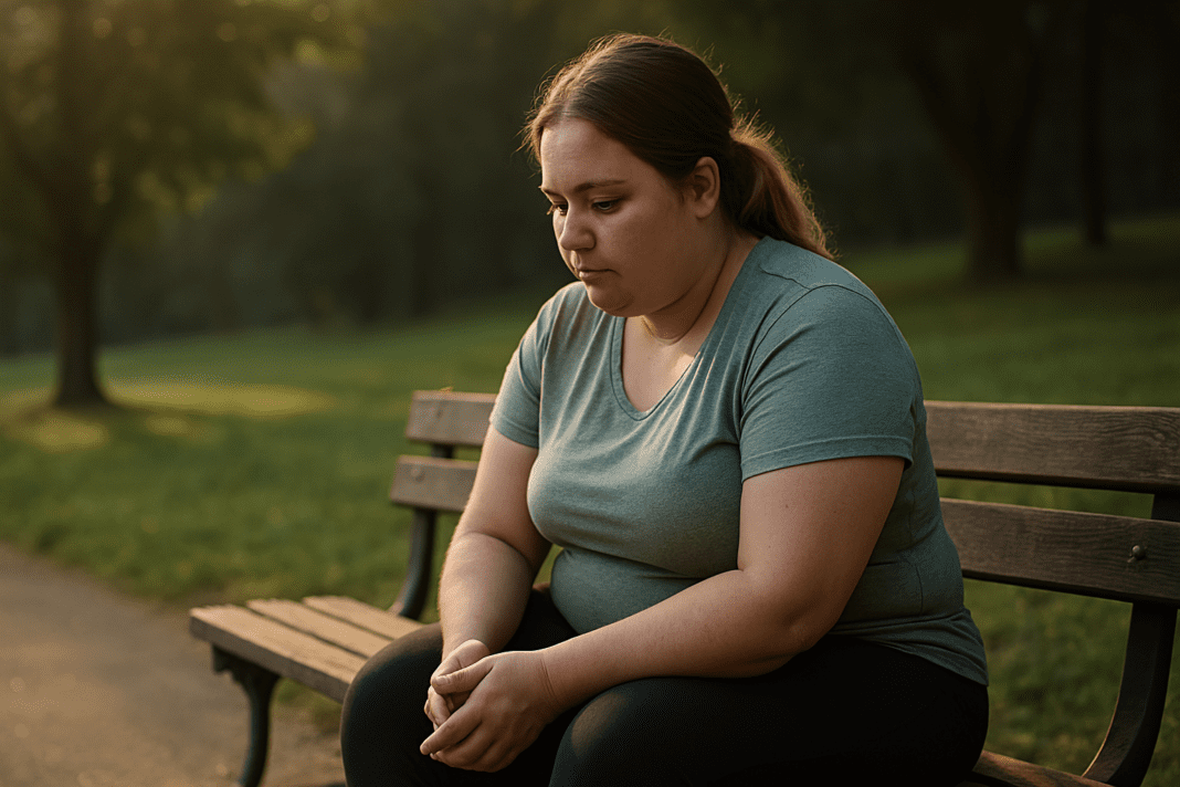 A woman with light skin and soft, brown highlights in her hair sits serenely on a wooden bench in a park, bathed in the soft golden glow of early morning sunlight. Her posture is relaxed, yet introspective, as she gazes down thoughtfully. The lush green backdrop, dotted with trees and dappled light, creates a peaceful, contemplative atmosphere that connects to the theme of the Caloric Bypass Diet, symbolizing quiet reflection and mindful wellness.