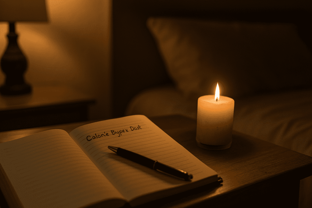 In a cozy, dimly lit bedroom at night, a journal rests on a wooden nightstand, gently illuminated by the warm glow of a nearby candle. The focus is on the journal, pen, and candle, with the faint shadows of the room softly blurring in the background. The words “Caloric Bypass Diet” are written in bold calligraphy on the journal’s page, tying the image directly to the theme of thoughtful weight loss strategies, wellness, and introspection. The ambient lighting adds to the calm, reflective mood.