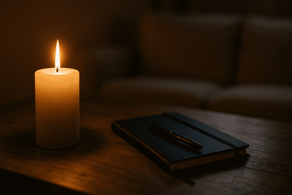 A softly glowing beige pillar candle sits beside a closed navy blue notebook with a black pen resting diagonally atop it on a textured wooden table in a dimly lit room. The warm, flickering light from the candle casts a cozy glow, creating a peaceful and introspective atmosphere, subtly reinforcing the theme of reflection and mindful wellness associated with the Caloric Bypass Diet.