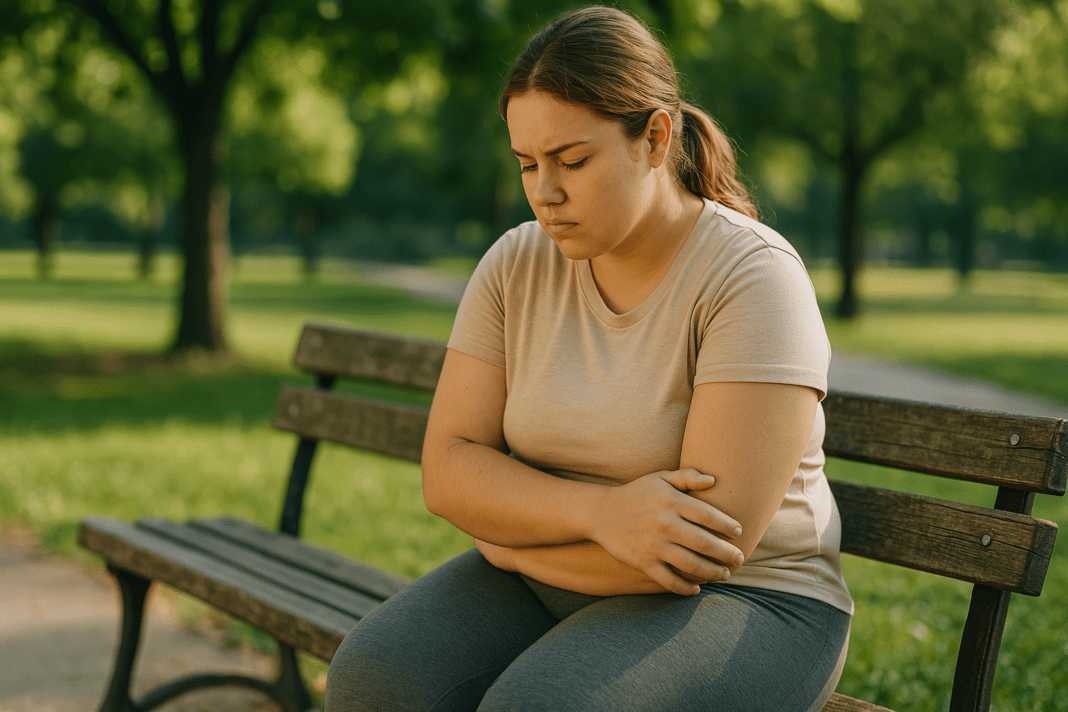 A young woman with light skin sits thoughtfully on a park bench in a peaceful green park, with her arms folded and gaze lowered. Soft natural sunlight gently illuminates her face and the surrounding vibrant trees, creating a serene atmosphere that encourages reflection on her weight loss journey.