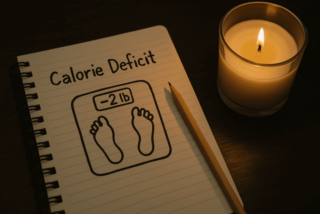 An open notebook titled "Calorie Deficit" rests alongside a glowing candle and a pencil on a wooden table. The notebook features a drawing of a scale reading "-2 lb," symbolizing the theme of healthy weight loss. The candlelight softly casts a warm glow over the scene, evoking a sense of quiet contemplation and dedication to weight management.