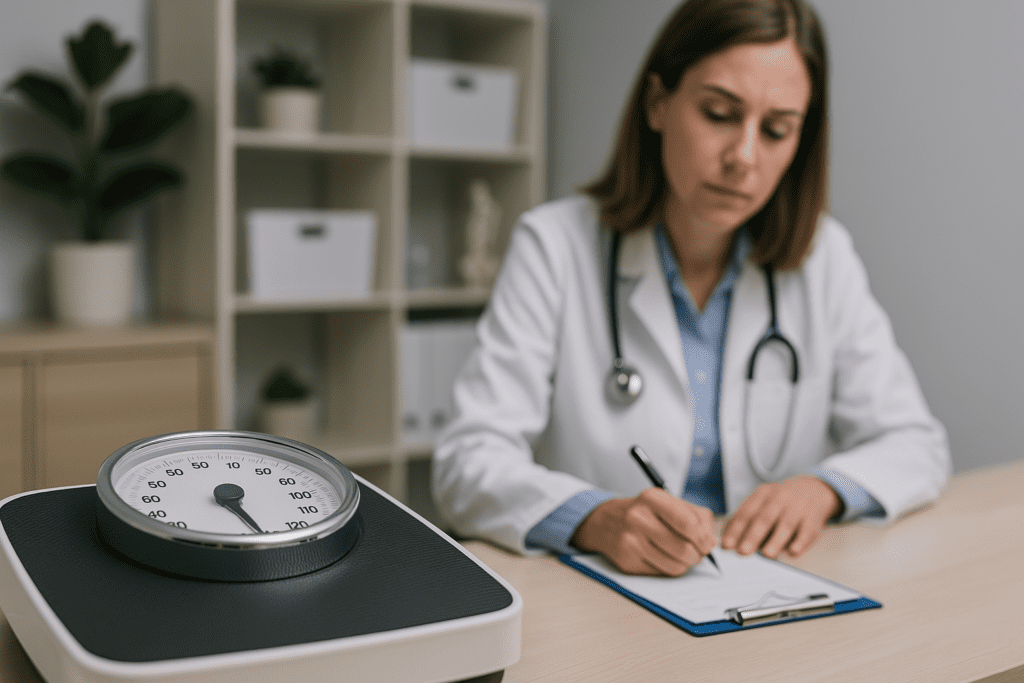 Inside a clean, modern medical office, a female doctor in a white lab coat writes on a clipboard, focused on her work. In the foreground, a mechanical scale sits on a beige countertop, representing the theme of tracking weight loss. The background is filled with organizational shelves, a potted plant, and a skeletal spine model, adding to the clinical atmosphere that emphasizes professional support for weight loss efforts.