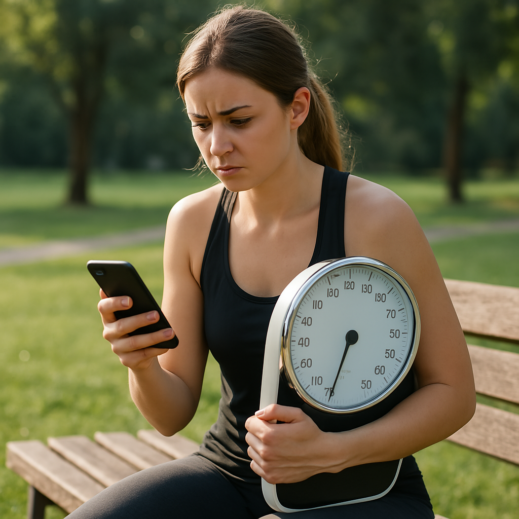 A young woman sits on a weathered wooden park bench in the soft glow of early morning or late afternoon sunlight, her toned physique highlighted by athletic wear. She holds a digital scale in one hand while focusing on the smartphone in her other hand, with lush greenery and a winding path offering a peaceful, natural backdrop. This serene outdoor setting complements the theme of calculating a calorie deficit for weight loss.