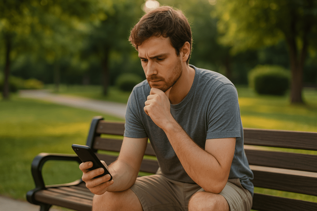A young Caucasian man with light skin and wavy brown hair is absorbed in his smartphone while sitting on a park bench outdoors. The soft late afternoon sunlight casts a warm glow over the scene, highlighting the vibrant trees and tranquil path surrounding him. This peaceful moment mirrors the thoughtful process of using a TDEE calculator to track caloric needs and weight loss progress.