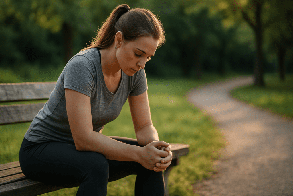 A young woman with a fit build sits alone on an old wooden park bench, her hands clasped and her gaze downcast in quiet reflection. The soft, golden afternoon light highlights her athletic attire—a gray shirt and black leggings—while the lush greenery and winding paths of the park create a serene and introspective setting. The image emphasizes the peaceful, contemplative mood tied to calculating personal caloric expenditure for weight loss goals.