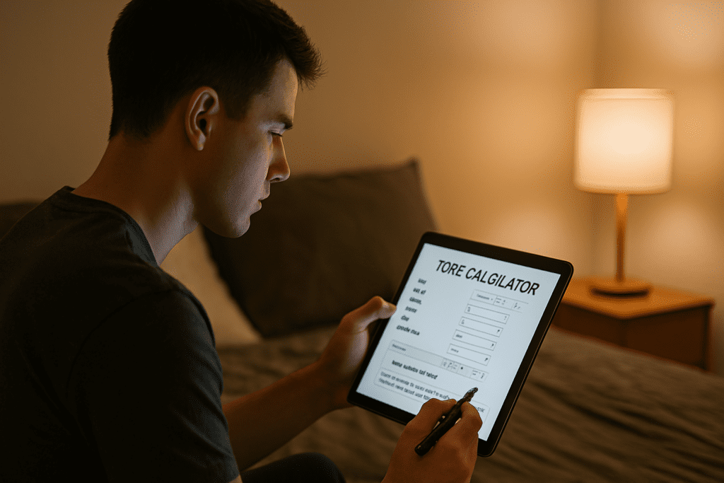 A young man with short, dark brown hair sits on the edge of a bed, holding a tablet displaying a TDEE calculator. The dim, warm ambiance of the room contrasts with the cool glow of the screen, focusing attention on him as he reads the results, with a pen in his other hand. The soft lighting enhances the calm, contemplative atmosphere, underscoring the theme of using a TDEE calculator to calculate daily caloric expenditure for weight loss goals.