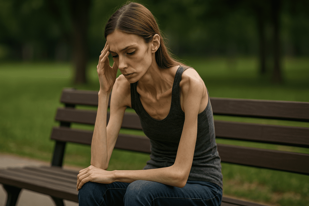 A young woman with light skin and long brown hair sits on a wooden bench in a park, bathed in soft natural light. Her solemn expression reflects a moment of reflection as she contemplates in a serene, green-filled environment, symbolizing the emotional toll of bulimia.