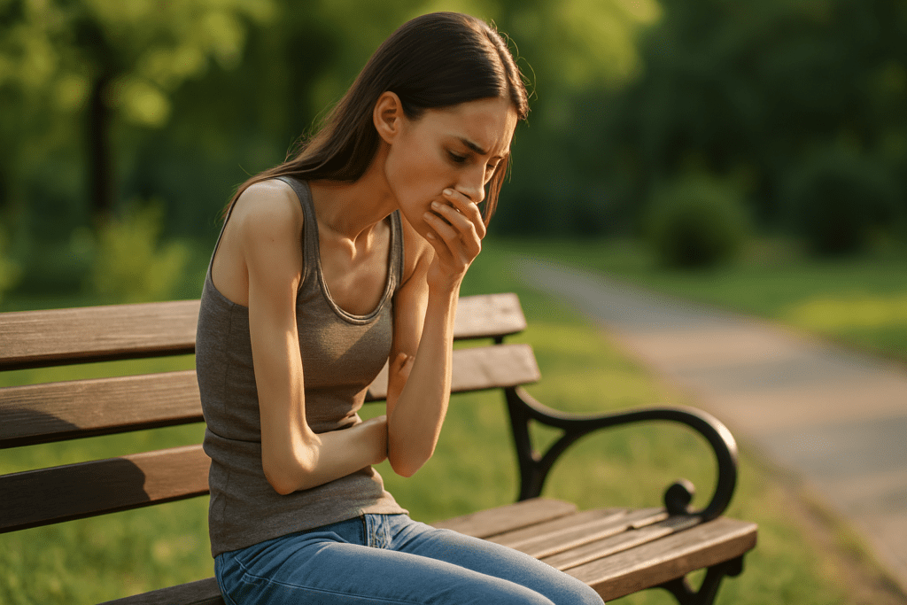A slender woman with a distressed expression sits on a wooden bench in a peaceful park at dusk. Soft sunlight illuminates her, highlighting her vulnerable posture against the tranquil backdrop of trees, suggesting the hidden struggles of bulimia and weight loss.