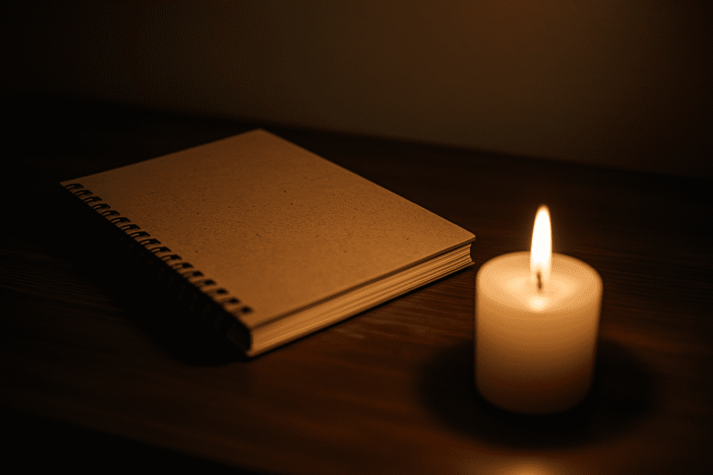 A close-up of a spiral-bound notebook lying on a dark wooden surface, with a flickering candle nearby. The warm, golden light from the candle contrasts with the cool shadows in the background, symbolizing introspection and the emotional weight associated with bulimia.