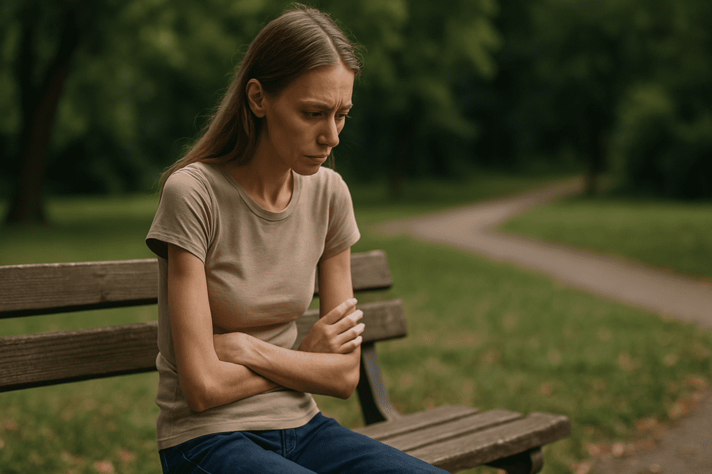 A young woman in her twenties with fair skin and a slender build sits alone on a weathered wooden bench in a park, lost in thought. She wears a beige form-fitting T-shirt and dark blue jeans, with long brown hair framing her face. The soft, natural lighting and blurred background of greenery emphasize a sense of introspection and solitude, tying directly to the theme of bulimia's emotional and physical toll.