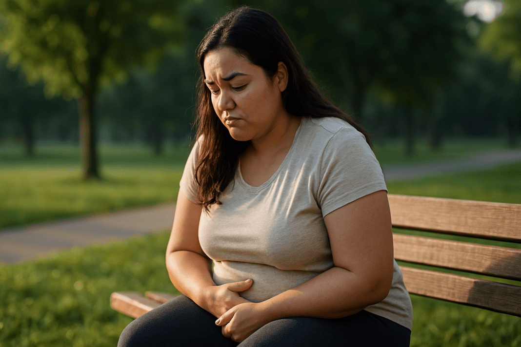 In a peaceful park at dawn, a young woman in her late twenties sits on a wooden bench, her dark brown hair flowing gently around her shoulders. With a thoughtful expression, she gazes into the distance, surrounded by soft natural light and lush greenery. The quiet atmosphere of the scene emphasizes calm reflection, with the early morning light creating a serene backdrop for the idea of weight loss without exercise, focusing on mindfulness and lifestyle changes.