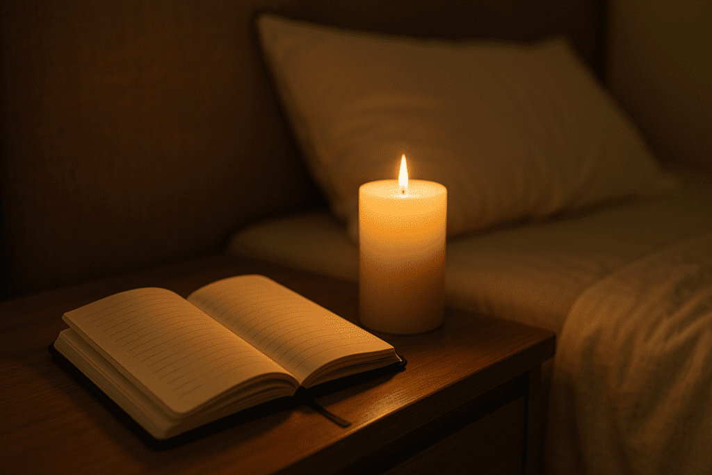An open journal rests on a wooden nightstand, its pages slightly tilted toward the viewer. A warm candle softly illuminates the room, casting a gentle glow over the scene. The dimly lit bedroom exudes an intimate, reflective mood, inviting a calm moment of journaling or personal reflection. This setup underscores the concept of making thoughtful, conscious choices toward weight loss without exercise, through emotional health and mental clarity.