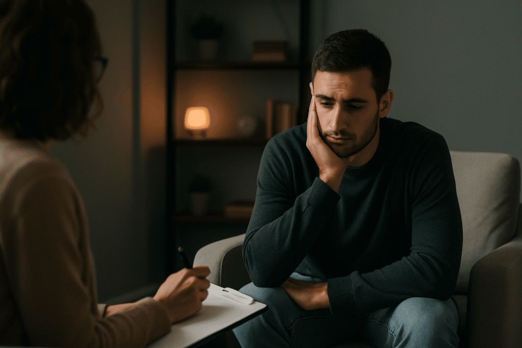 In a cozy counseling room lit by a warm lamp, a young man in his late 20s sits across from a female therapist, his expression pensive. The focus is on the man’s thoughtful demeanor, while the therapist’s figure fades softly into the background, creating an atmosphere of quiet contemplation. The scene highlights the importance of mental health and therapeutic support for weight loss, reinforcing the theme of weight management without the need for exercise.