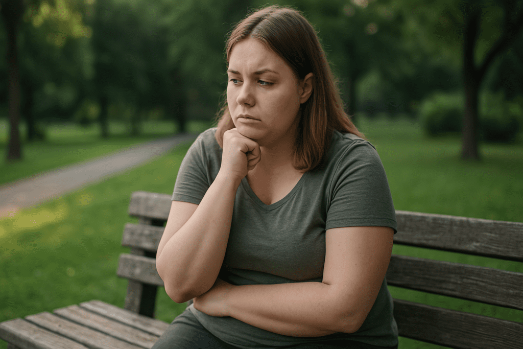 A young woman with light brown, shoulder-length hair sits pensively on a weathered wooden park bench in the soft glow of late afternoon. Her gaze is downward and introspective, framed by a peaceful park with lush greenery, warm sunlight, and a gently fading pathway extending ahead.