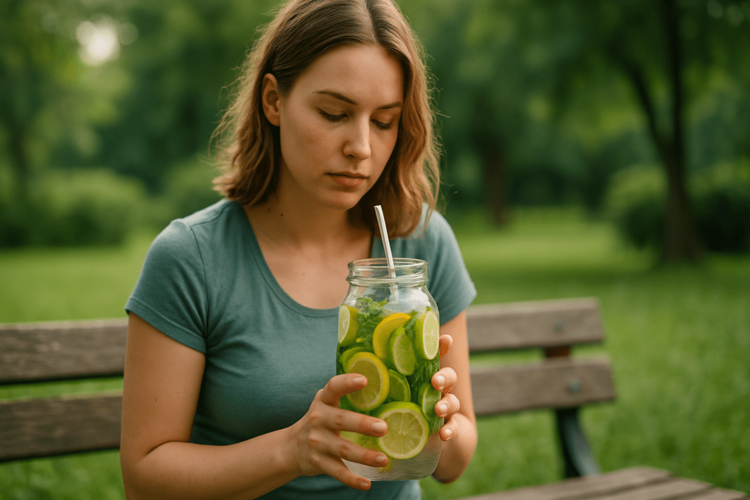 The image showcases a young woman with light brown, shoulder-length hair sitting on a park bench, holding a jar of detox water filled with lemon, lime, cucumber, and mint. The warm natural sunlight highlights her calm expression, while the lush greenery in the background creates a serene and peaceful atmosphere. This outdoor setting emphasizes the refreshing and revitalizing qualities of detox water for weight loss.