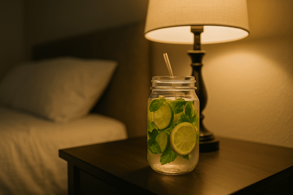The image features a clear mason jar filled with detox water, placed on a dark wooden nightstand. The jar contains lemon slices, cucumber, and mint leaves, and a plastic straw is visible. The soft, warm light from a nearby lamp casts a peaceful ambiance in the cozy, dimly lit bedroom. This intimate setting conveys a calming atmosphere that aligns with the theme of using detox water for weight loss and wellness.